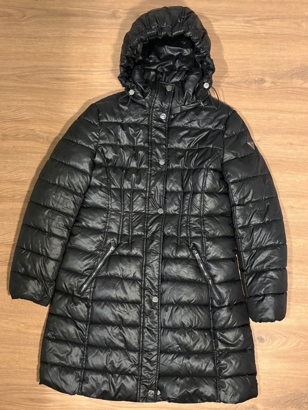 Guess Black Quilted Hooded Long Puffer Coat